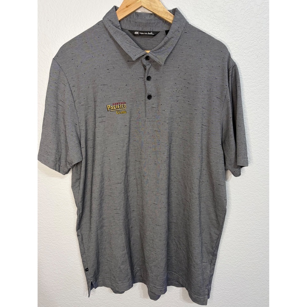 TravisMathew Mens XL Pacifico Clara Beer Logo Polo Shirt Heather Grey Speckled